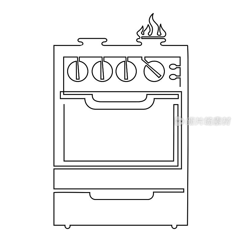 家用煤气炉，烤箱，带火。幽默的例子。矢量连续线绘制，孤立在白色背景上。