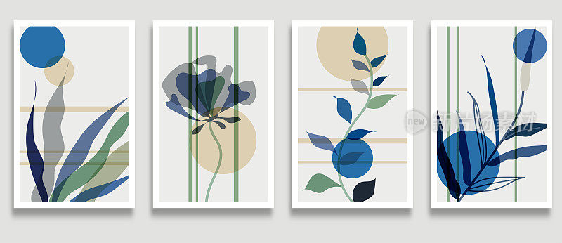 矢量蓝色植物墙艺术集叶线艺术手绘抽象植物和花艺术卡片模板旗帜背景，设计元素，抽象背景集合