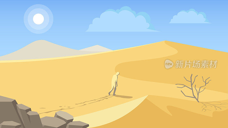 华丽的埃及或阿拉伯国家沙漠景观与大灼热的太阳在蓝天背景。五彩缤纷的矢量插图。