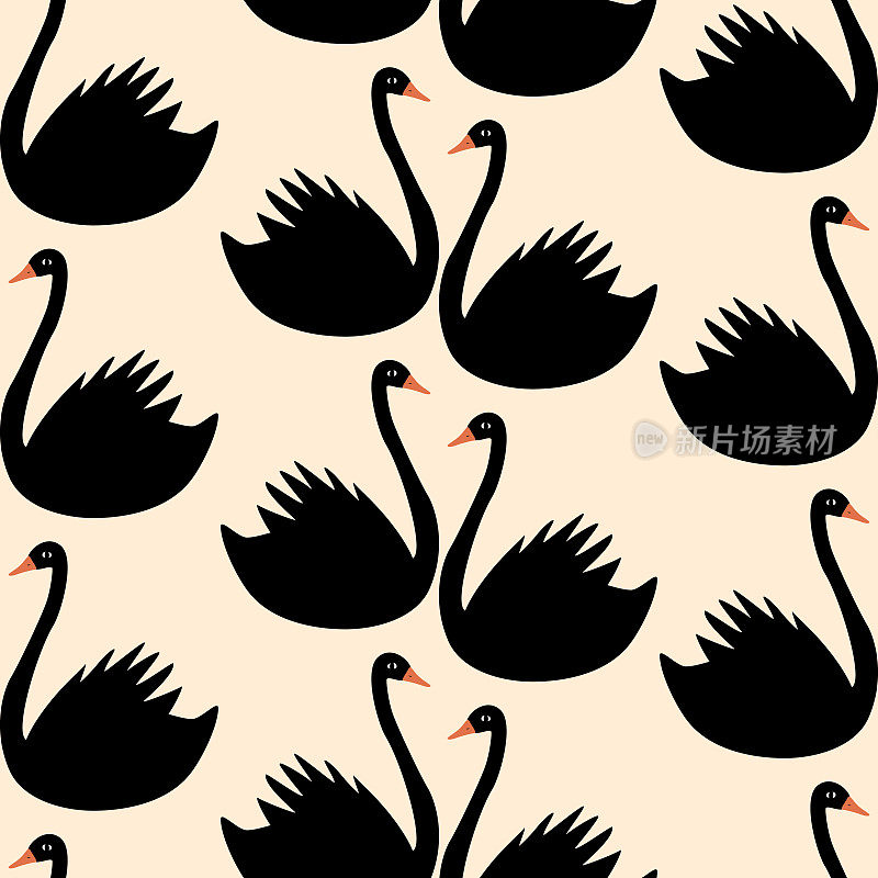 黑天鹅手绘矢量插图。美丽的鸟在平坦的风格。优雅的无缝模式。