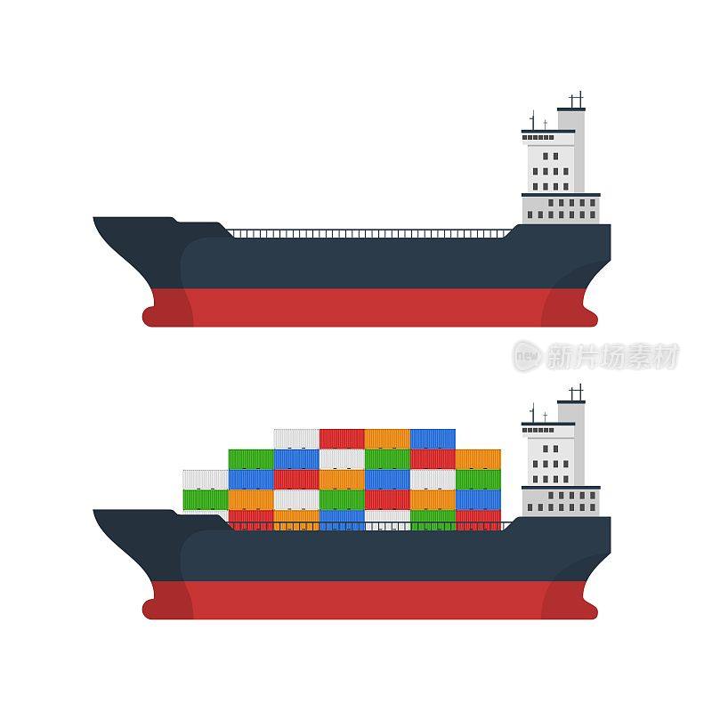 空载货船与集装箱隔离在白色。集装箱船货物运输。进出口海运物流服务。国际快递的概念。矢量图
