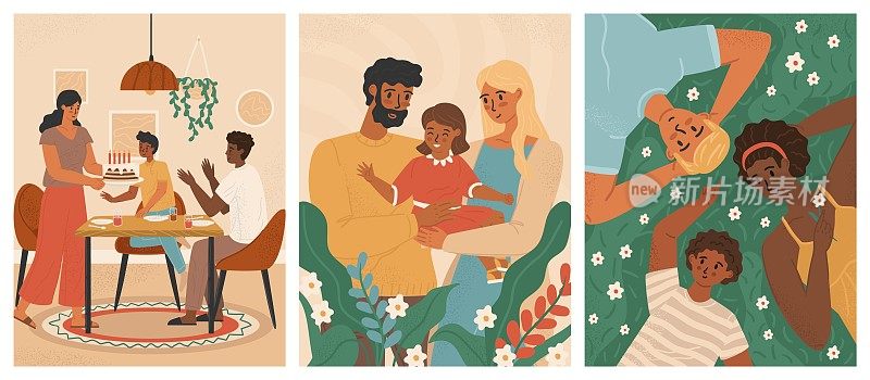 幸福的多文化家庭和孩子。跨种族家庭概念矢量海报集。不同肤色、不同文化背景的人在一起。父亲是黑人，母亲是白人，孩子是混血