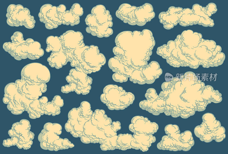 天上有云。设计集。可编辑的手绘插图。向量的雕刻。8每股收益