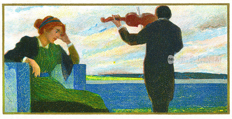 小提琴家演奏小提琴给年轻的女人艺术新插画1899年