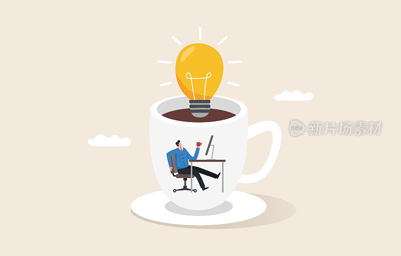 咖啡休息时间用电灯泡的想法。
创造力或新的灵感。工作时喝热饮。计划与头脑风暴。员工们坐在一个巨大的杯子里喝咖啡。