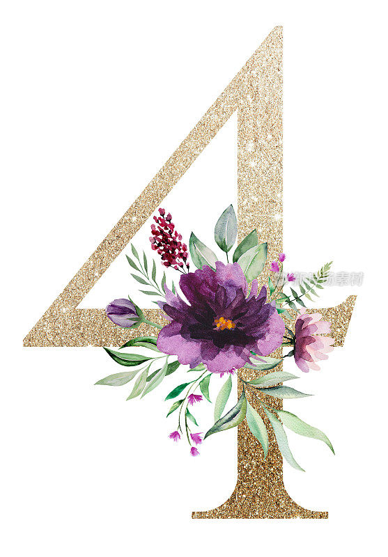 淡金色数字4水彩紫色玫瑰和绿叶花束。花的字母