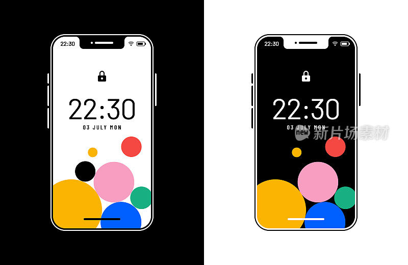 智能手机锁屏插图。黑白彩色版。