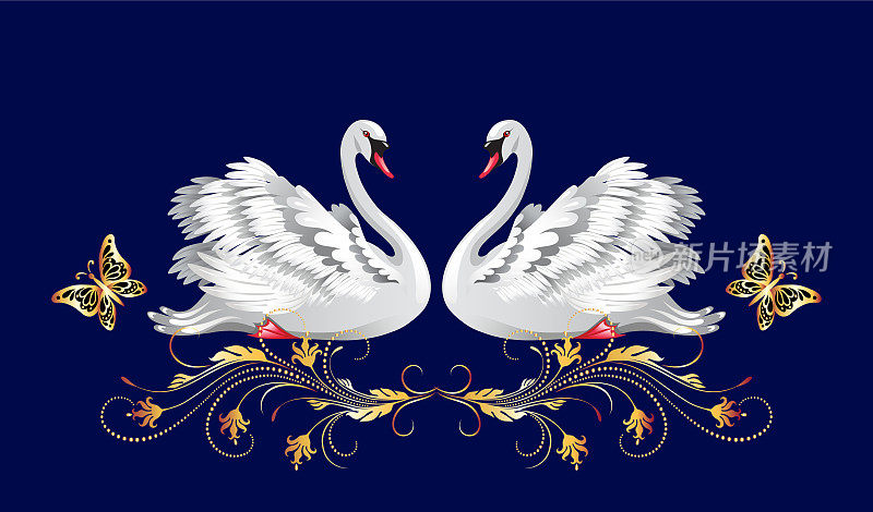 装饰卡与一对白天鹅和复古的黄金装饰