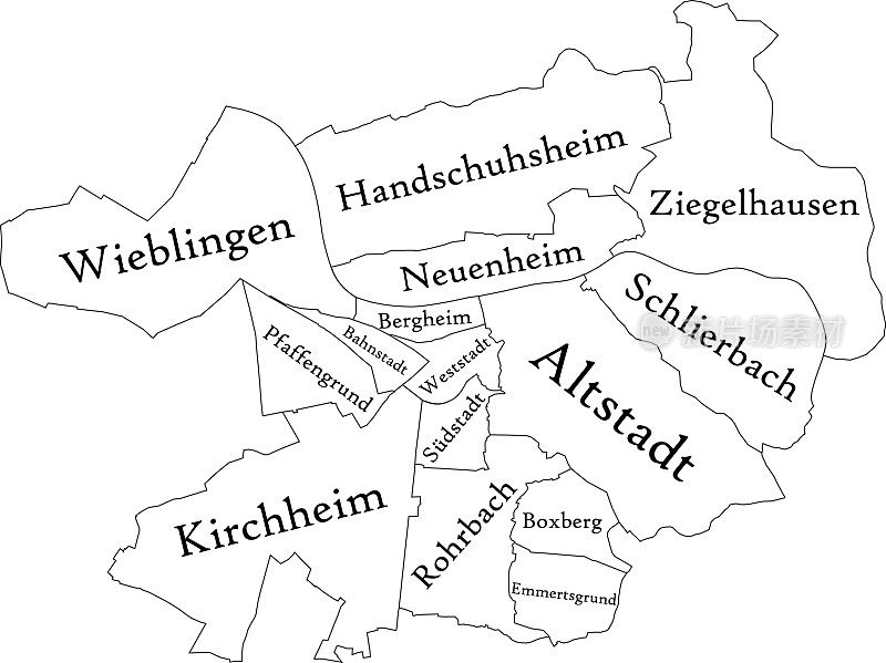 白色标记的海德堡区地图，德国