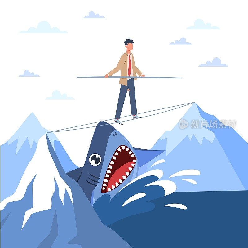 危险，险情，兴奋，极致休闲，人在山峰间走钢丝，鲨鱼在水中。商业和体育的挑战。矢量卡通平面孤立概念