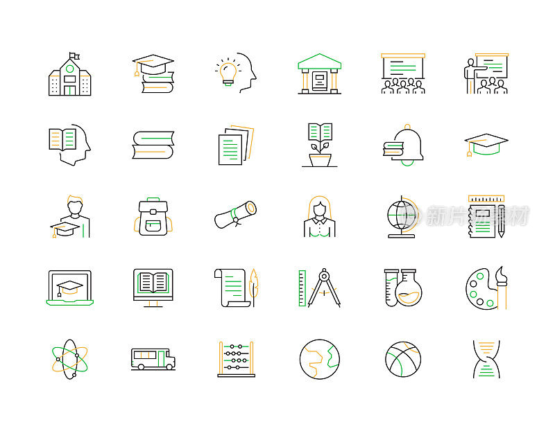教育和学校相关的矢量细线图标。大纲符号集合