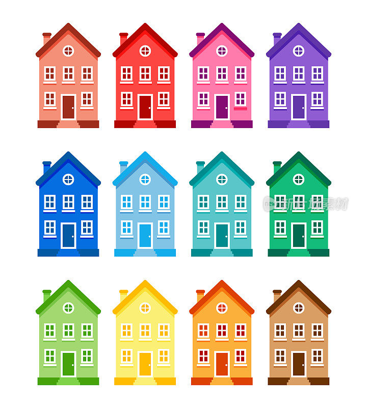 一套彩色的房子。简单的房子，彩虹色组，色轮