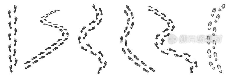 人类的脚的痕迹。足步剪影，足迹轨迹步行人足迹徒步旅行路径赤脚或运动鞋，孤立的脚印图案，整齐的矢量插图