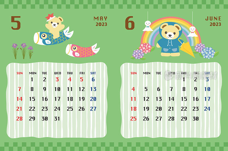 2023年日本事件的可爱小熊日历模板。