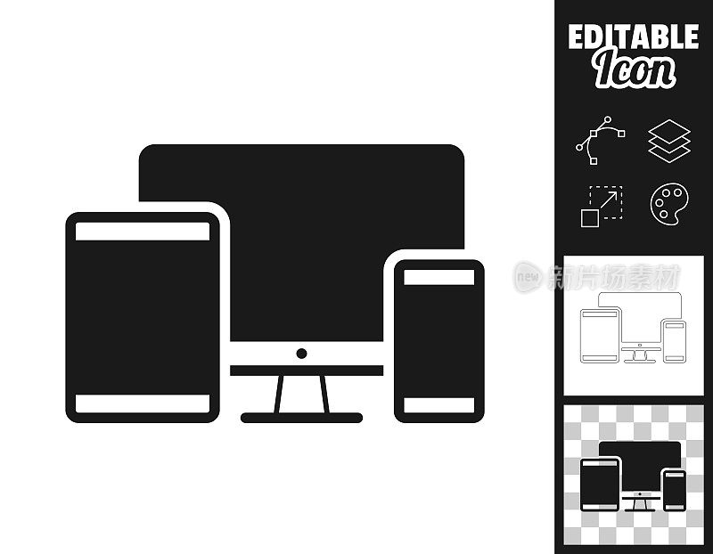 台式电脑，平板电脑和智能手机。图标设计。轻松地编辑