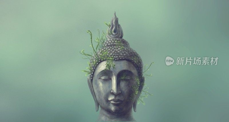 佛像头像。宗教、精神、信仰、佛教的概念创意作品。超现实绘画3d插画，概念艺术作品