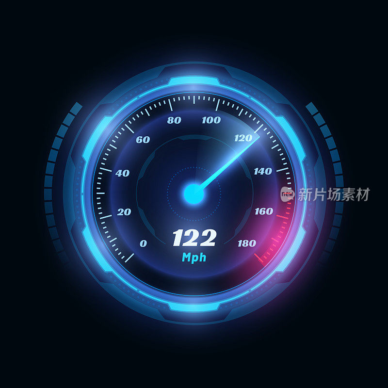 速度数字仪表盘，汽车功率计，显示速度计。赛车游戏的现代指示器、数字里程表显示技术。快速或缓慢的互联网连接仪表