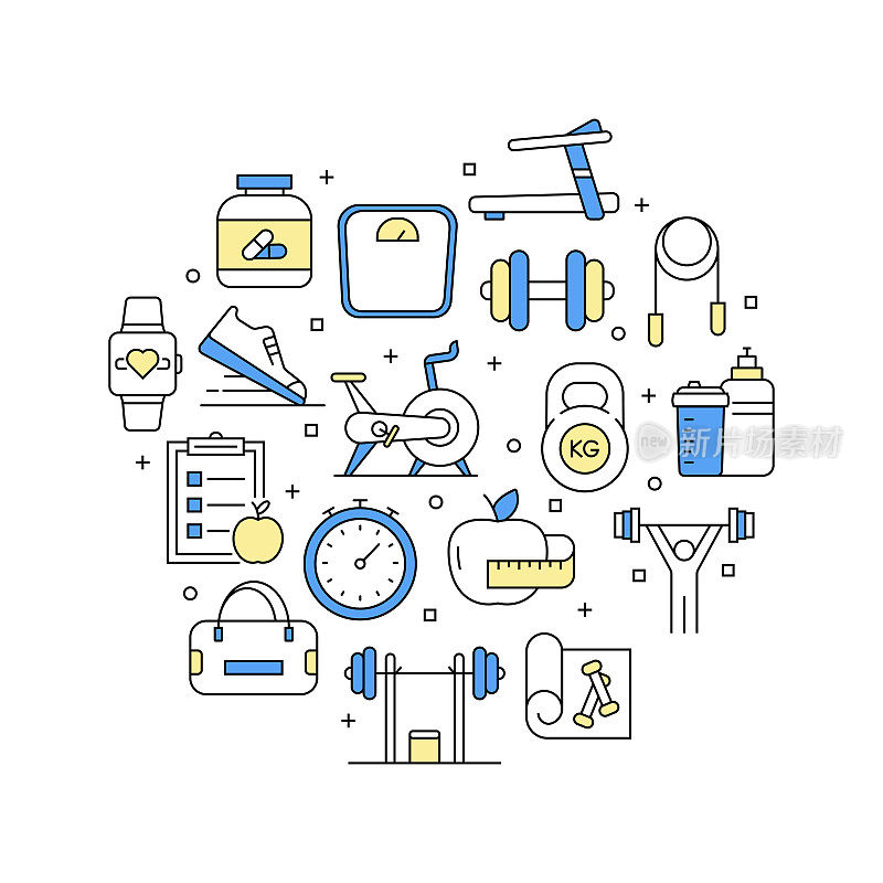 健身和运动相关的矢量横幅设计概念，现代线条风格与图标