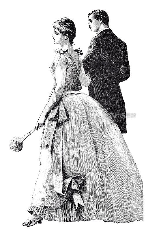 优雅的年轻夫妇走着，正式的晚礼服，女人拿着一朵花，全长，白色背景