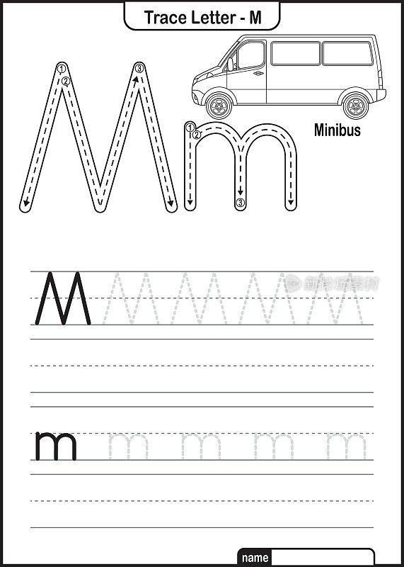 字母跟踪字母A到Z学龄前工作表与字母M迷你巴士Pro矢量