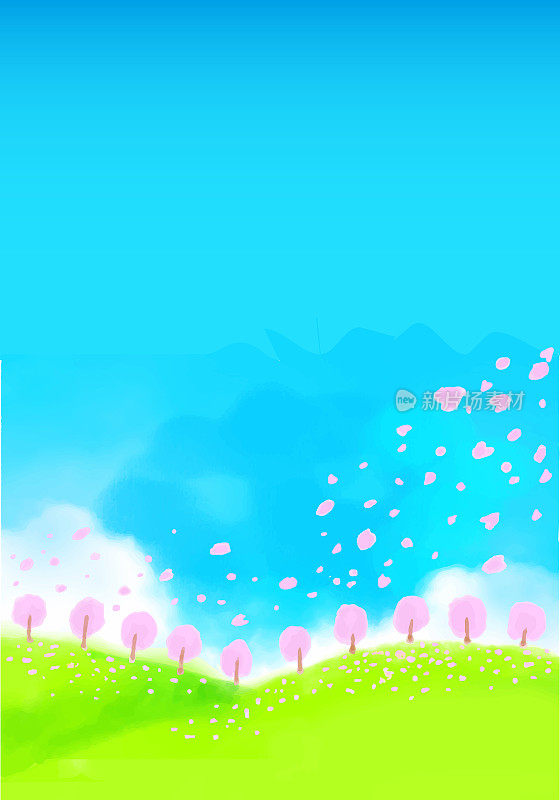 樱花盛开在草地和天空的插图