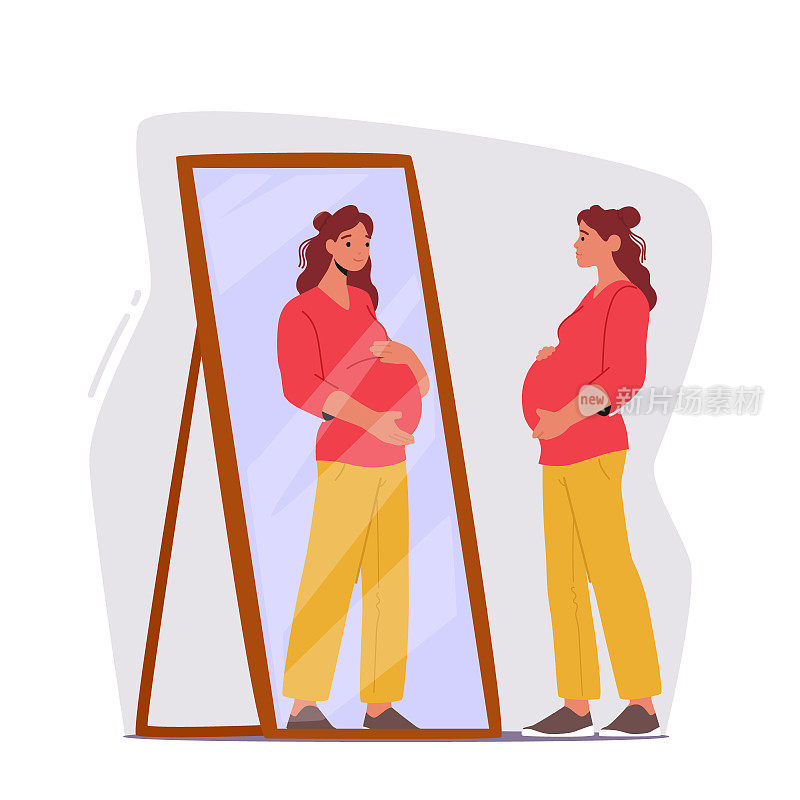 孕妇双手放在肚子上照镜子。她的倒影显示出一个美丽、容光焕发的女人
