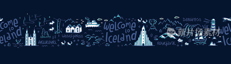 手绘旅行插图与冰岛景观，动物，建筑和自然景观，伟大的明信片，横幅，印刷-矢量设计