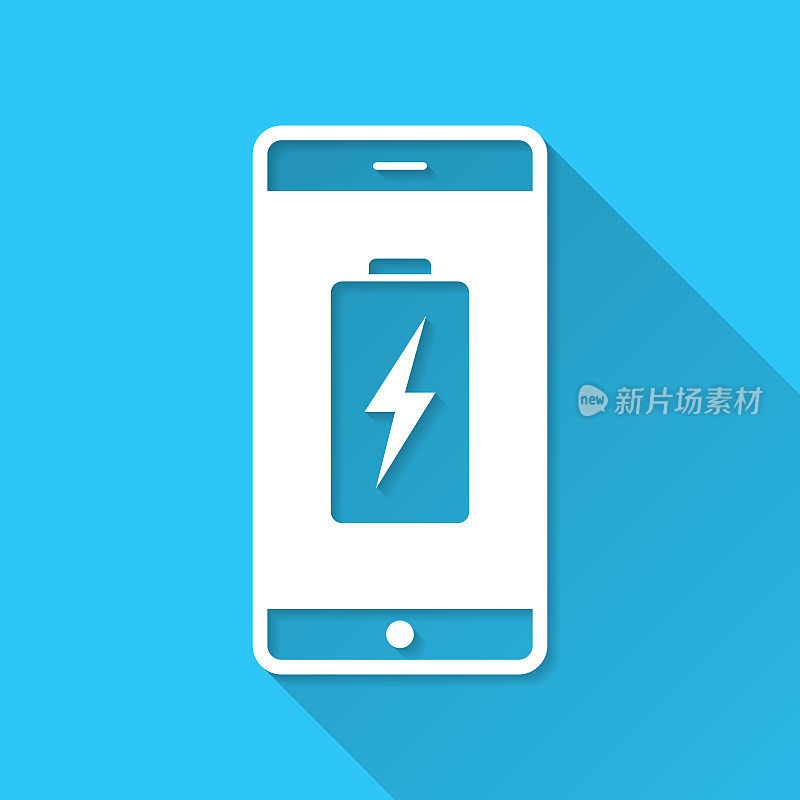 智能手机与电池充电标志。图标在蓝色背景-平面设计与长阴影