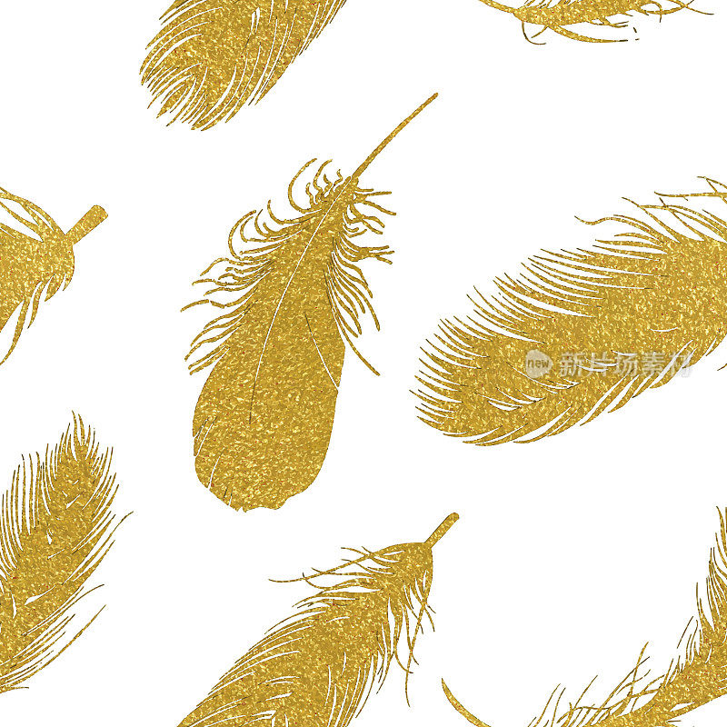 金色羽毛无缝图案与白色背景。设计元素的贺卡和婚礼，生日和其他假期和夏季邀请卡的背景。