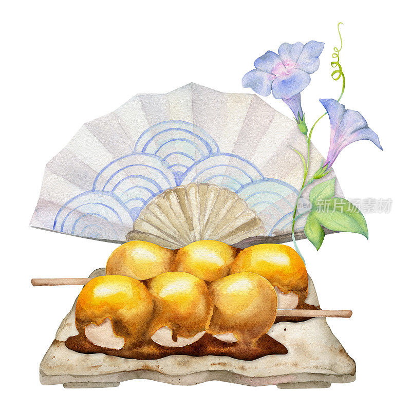 水彩手绘的日本传统糖果。陶瓷菜，炸锅，夏日和果。孤立在白色背景上。设计邀请函，餐厅菜单，贺卡，印刷，纺织