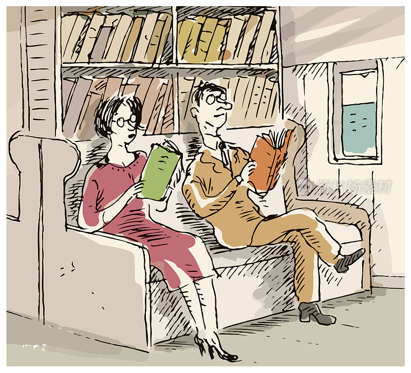 一个男人和一个女人在图书馆看书