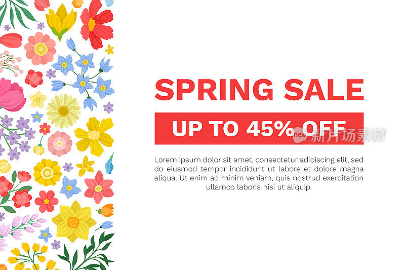 花卉春天销售卡设计与盛开芬芳的花园花矢量模板