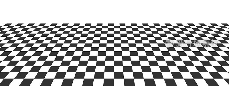 水平瓷砖地板与方格纹理。平面上有黑白方格图案。棋盘表面透视。几何方格复古设计