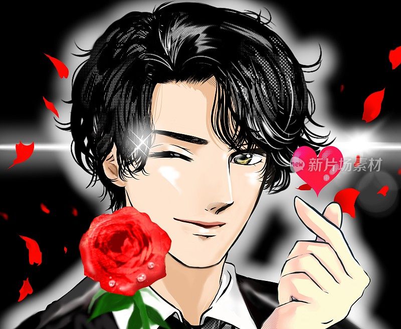 漫画风格的肖像插图，一个英俊的黑发男孩用一个眨眼和手指心，手里拿着一朵红玫瑰。
