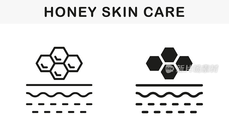 蜂蜜产品的皮肤护理线和轮廓黑色图标集。胶原蛋白提取物美容程序象形图。蜂窝六边形皮肤结构符号集合。孤立矢量图