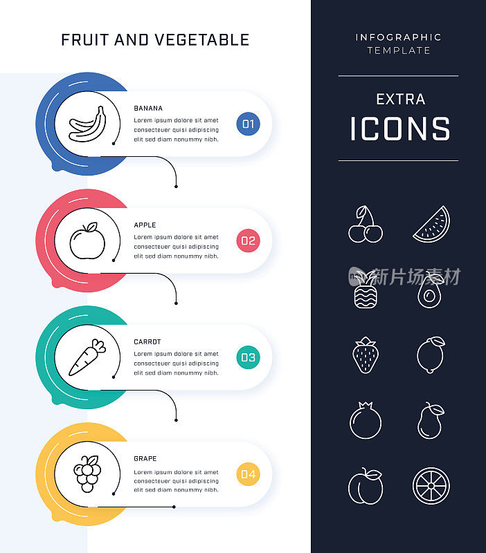时间线信息图模板和水果和蔬菜图标集
