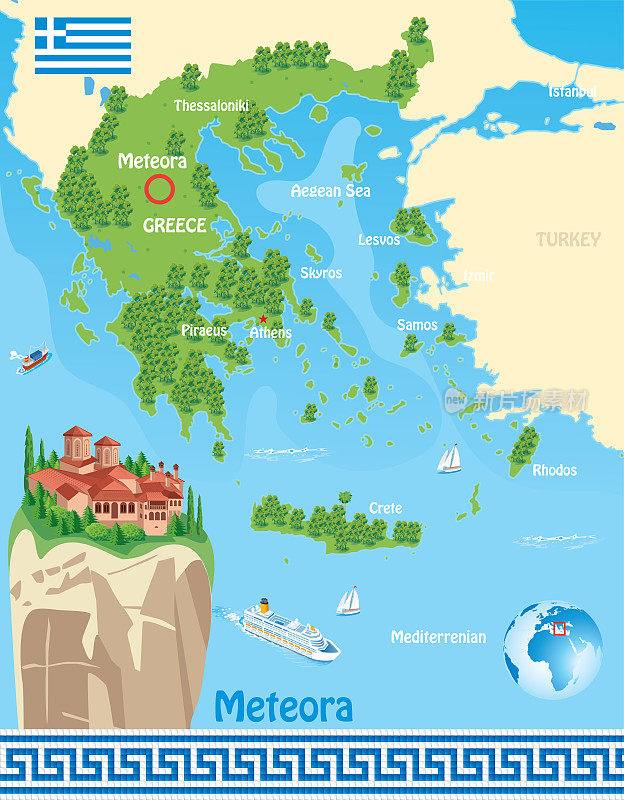 希腊地图和迈泰奥拉