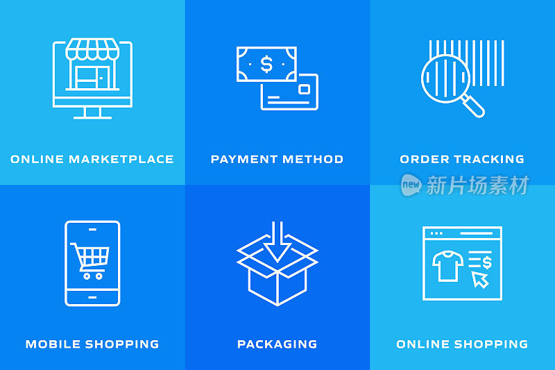 网上购物相关的矢量线图标。轮廓符号集合