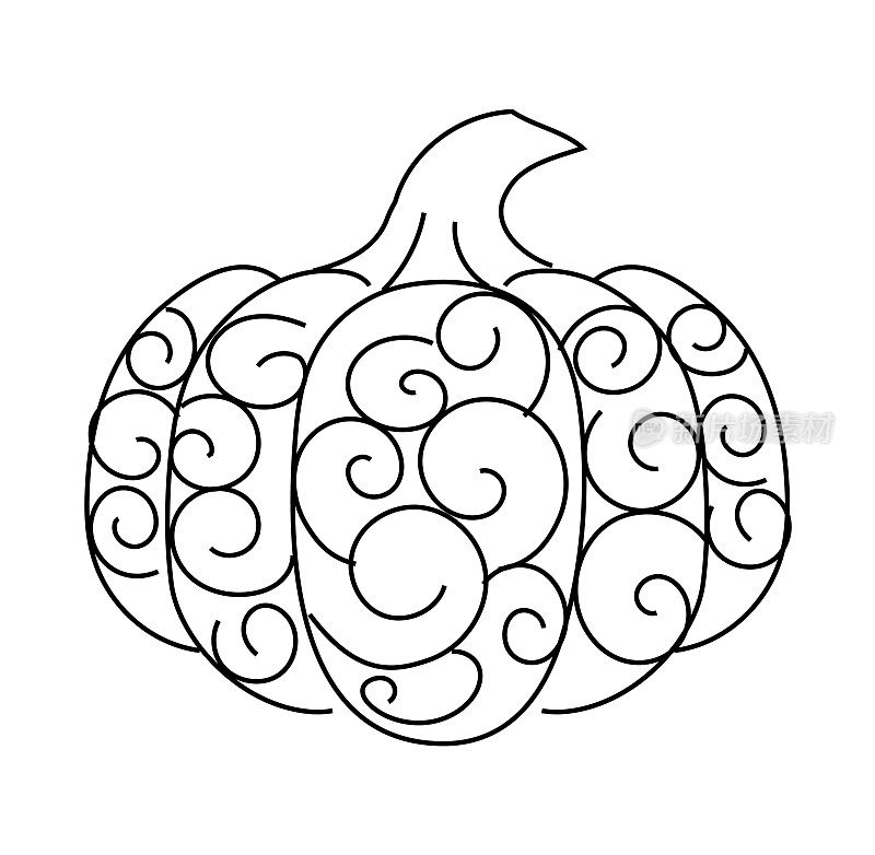 秋天风格的南瓜线图标与漩涡和装饰