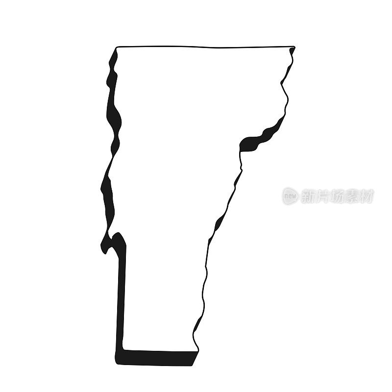佛蒙特州地图黑色轮廓和阴影在白色的背景