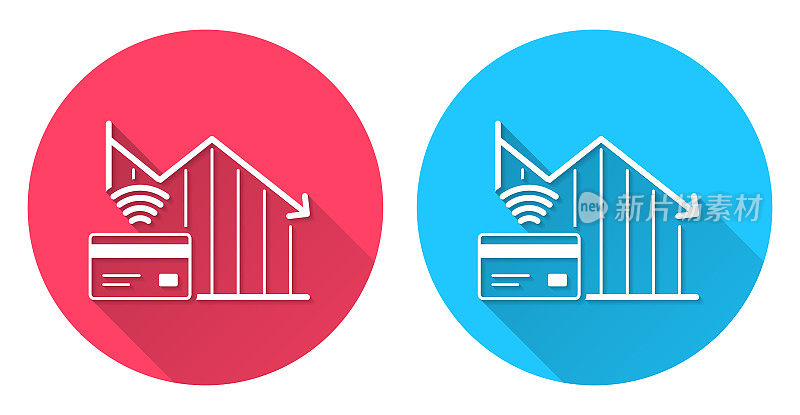 非接触式支付减少图表。圆形图标与长阴影在红色或蓝色的背景