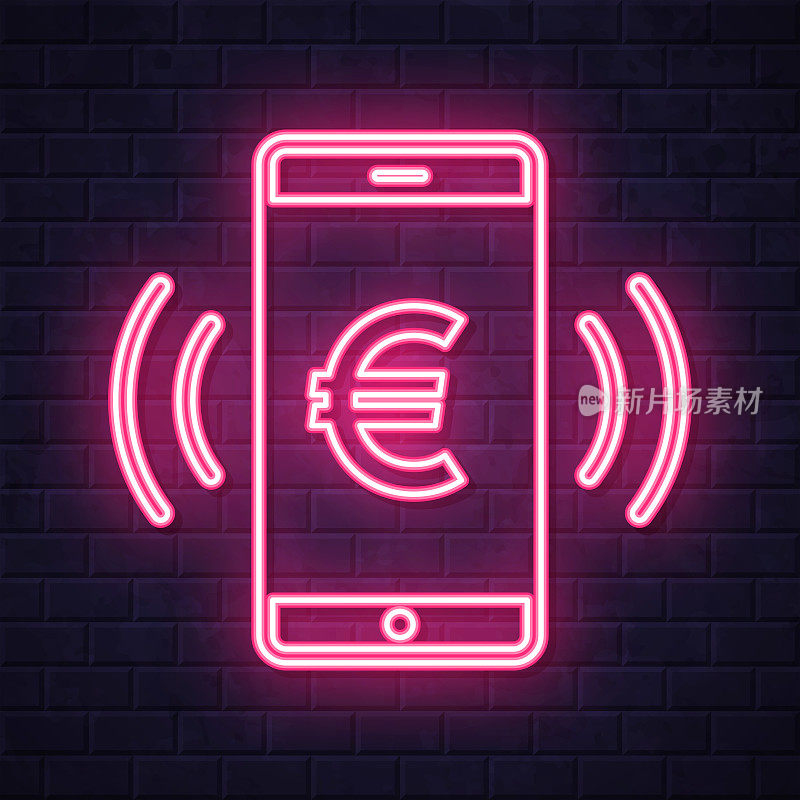 智能手机响起了欧元信号。在砖墙背景上发光的霓虹灯图标