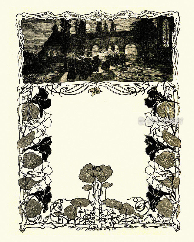 一个和尚的葬礼,常青藤花卉图案边框,青年风格,新艺术风格,19世纪90年代