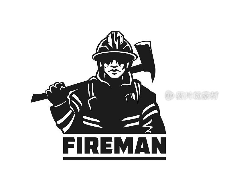 消防员，消防员在头盔与斧头剪出矢量轮廓
