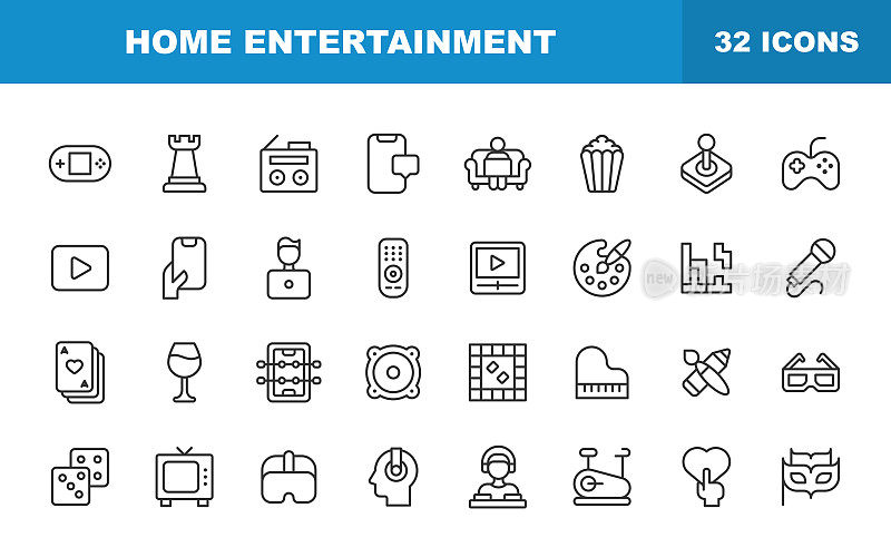 家庭娱乐线图标。可编辑的中风。包含这样的图标,游戏机,国际象棋,广播,在线视频,流媒体,约会,桌足球,卡,酒,派对,拼图,骰子,电视。