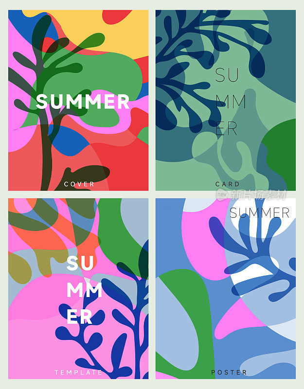 一套抽象的夏季概念液体叶花艺术图案海报覆盖模板背景