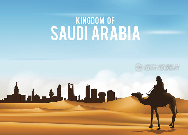 阿拉伯人在广阔的沙漠中骑骆驼