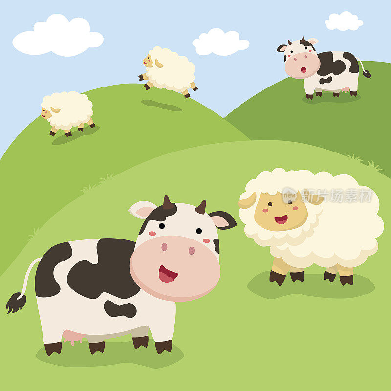 可爱的奶牛和绵羊站在田野上