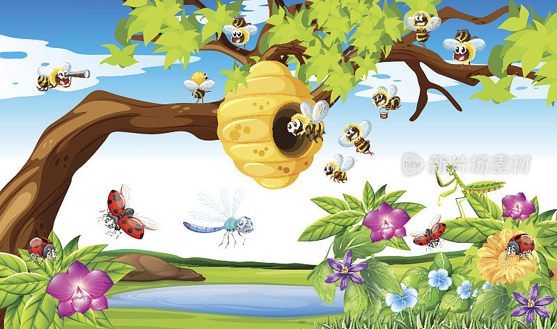 蜜蜂在花园里的树上飞来飞去