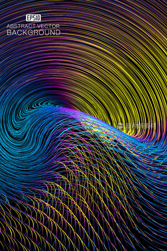 色彩斑斓的曲线构成发光的螺旋抽象纹理图案背景